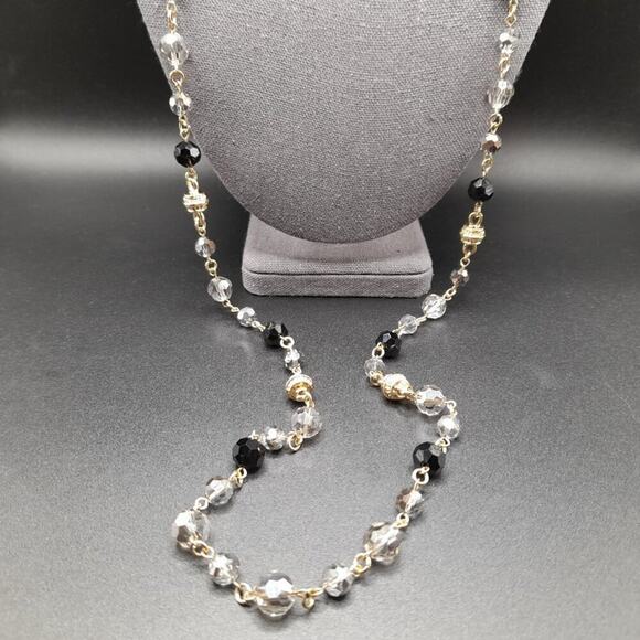 Vintage Long Black Smoky Crystal Necklace, 44 Inch, Gold Tone Chain Spacer Beads - Picture 2 of 11